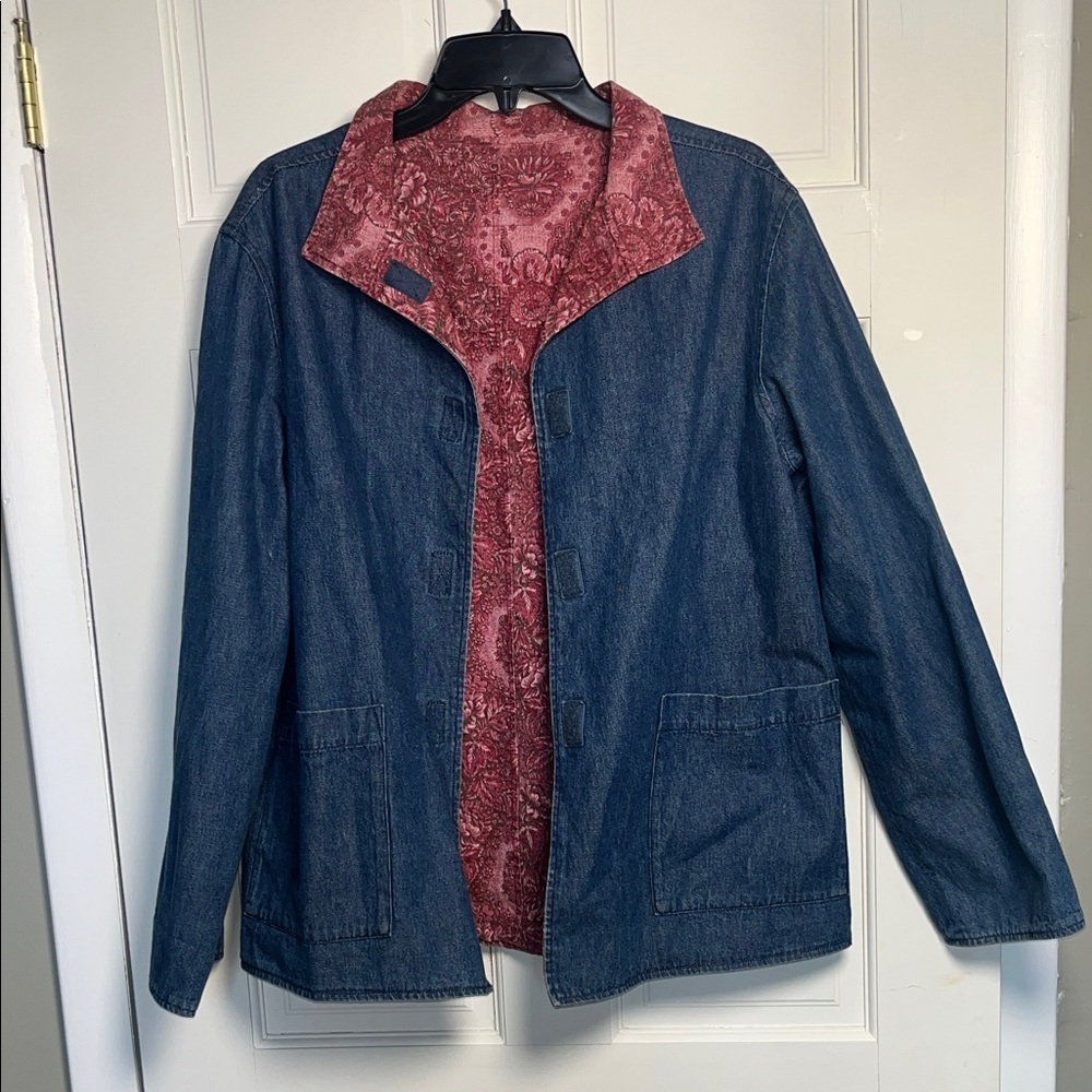 Vintage Pendleton Women Reversible Denim Cotton Jacket Pockets Blue Red Large